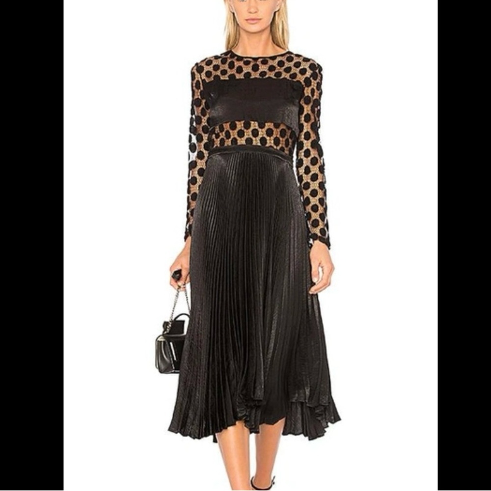 Delfi Collective Angela Midi Dress Women Sz S Black Lace‎ Sheer Accordian Pleat